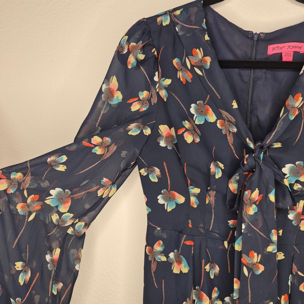 Betsey Johnson Floral Navy Chiffon Dress‎ Fairycore Whimsical Retro Twee Size 2